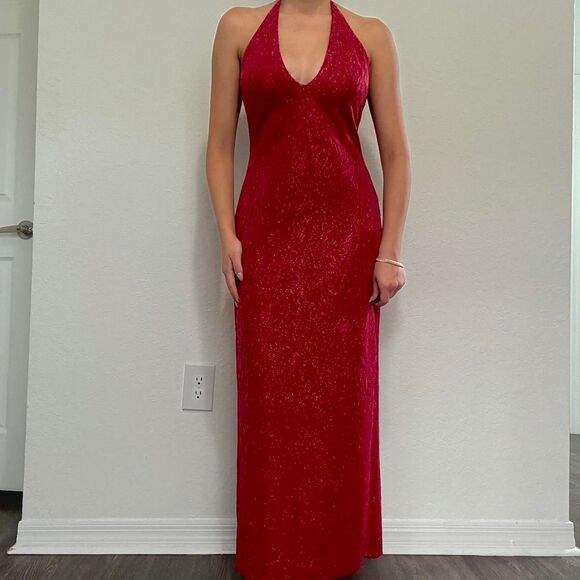 2000s hot pink halter maxi dress by Jessica McClintock for Gunne Sax - Picture 1 of 8